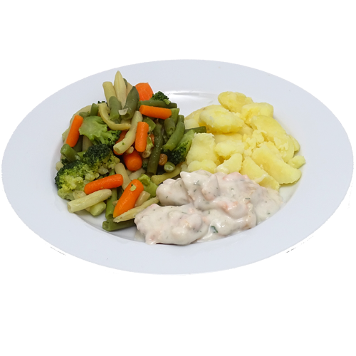 Visragout met Franse groentemix en gekookte aardappelen